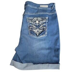 WallFlower Denim Shorts Womens 24 Blue Embroidered Pockets Cuffed Stretch